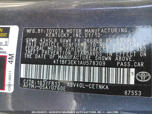 4T1BF3EK1AU578309 - 2010 TOYOTA CAMRY SE/LE/XLE 灰色 照片 9