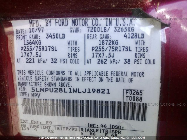 5LMPU28L1WLJ19821 - 1998 LINCOLN NAVIGATOR 红色 照片 9