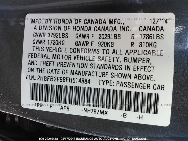 2HGFB2F98FH514884 - 2015 HONDA CIVIC EXL Boz foto 9