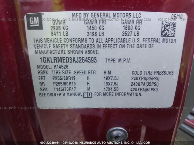 1GKLRMED3AJ264593 - 2010 GMC ACADIA SLT-1 RED photo 9