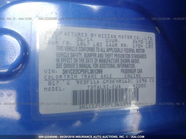 3N1CE2CP5FL361399 - 2015 NISSAN VERSA NOTE S/S PLUS/SV/SL/SR BLUE photo 9