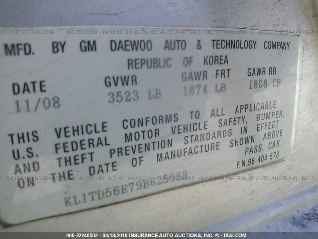 KL1TD56E79B625988 - 2009 CHEVROLET AVEO LS/LT 银色 照片 9