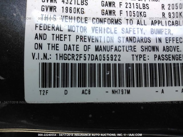 1HGCR2F57DA055922 - 2013 HONDA ACCORD SPORT ნაცრისფერი ფოტო 9