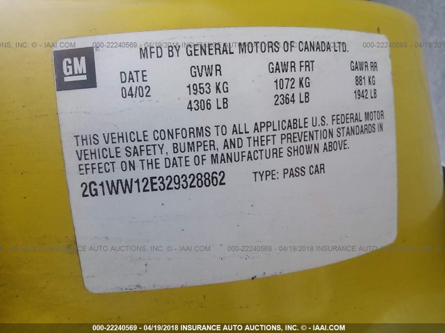 2G1WW12E329328862 - 2002 CHEVROLET MONTE CARLO LS YELLOW photo 9