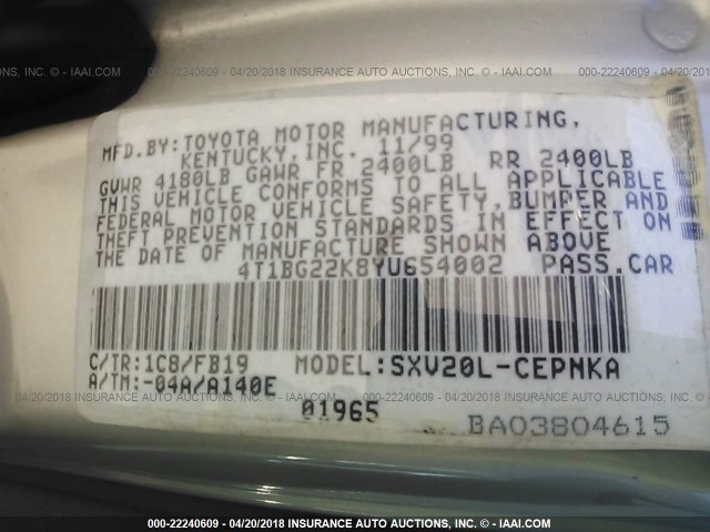 4T1BG22K8YU654002 - 2000 TOYOTA CAMRY CE/LE/XLE 银色 照片 9