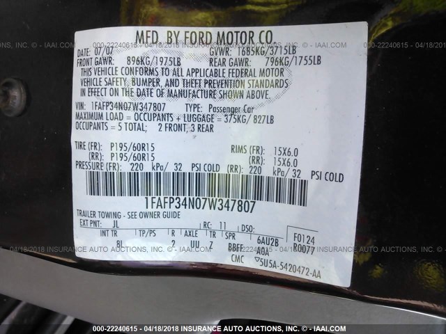 1FAFP34N07W347807 - 2007 FORD FOCUS ZX4/S/SE/SES 红色 照片 9