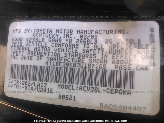 4T1BE30K83U187168 - 2003 TOYOTA CAMRY LE/XLE/SE BLACK photo 9