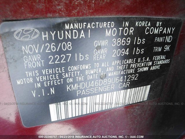 KMHDU46D89U641292 - 2009 HYUNDAI ELANTRA GLS/SE RED photo 9