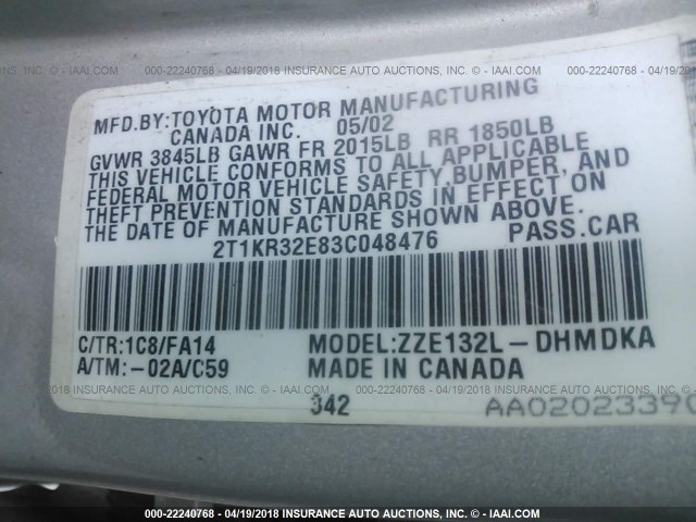 2T1KR32E83C048476 - 2003 TOYOTA COROLLA MATRIX XR SILVER photo 9