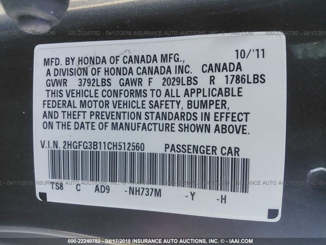 2HGFG3B11CH512560 - 2012 HONDA CIVIC EXL 灰色 照片 9