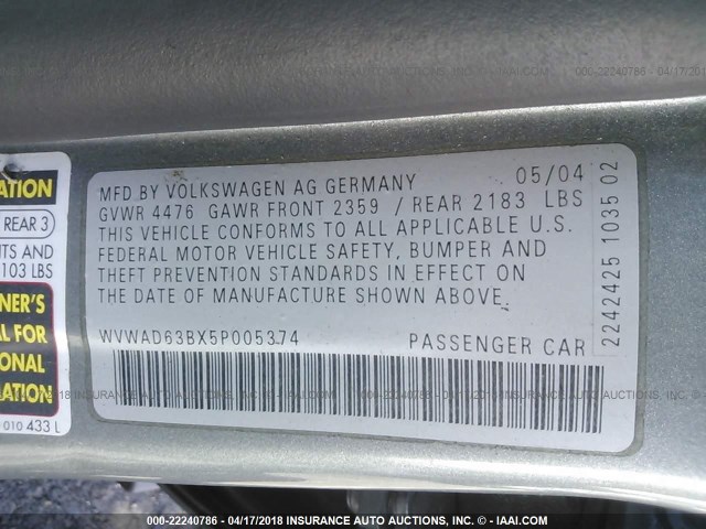 WVWAD63BX5P005374 - 2005 VOLKSWAGEN PASSAT GLS GRAY photo 9