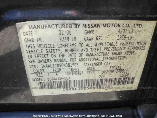 1N4AL11D56N381705 - 2006 NISSAN ALTIMA S/SL GRAY photo 9