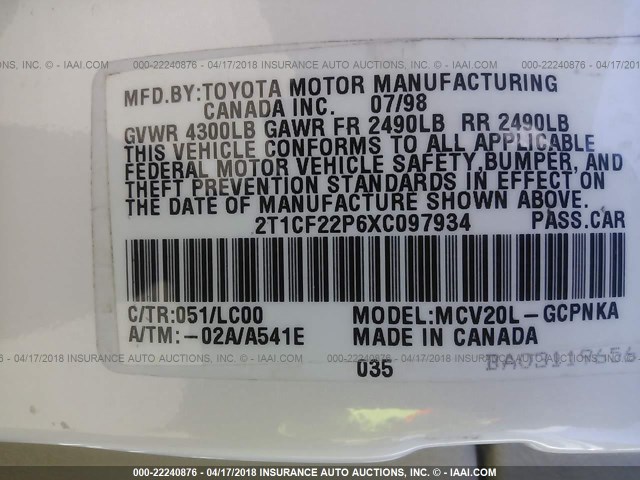 2T1CF22P6XC097934 - 1999 TOYOTA CAMRY SOLARA SE/SLE თეთრი ფოტო 9