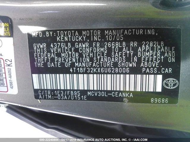 4T1BF32KX6U628006 - 2006 TOYOTA CAMRY LE/XLE/SE GOLD photo 9