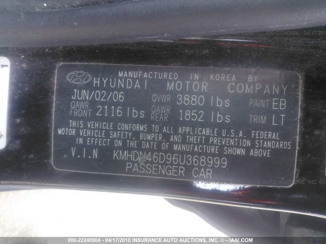 KMHDN46D96U368999 - 2006 HYUNDAI ELANTRA GLS/GT/LIMITED BLACK photo 9