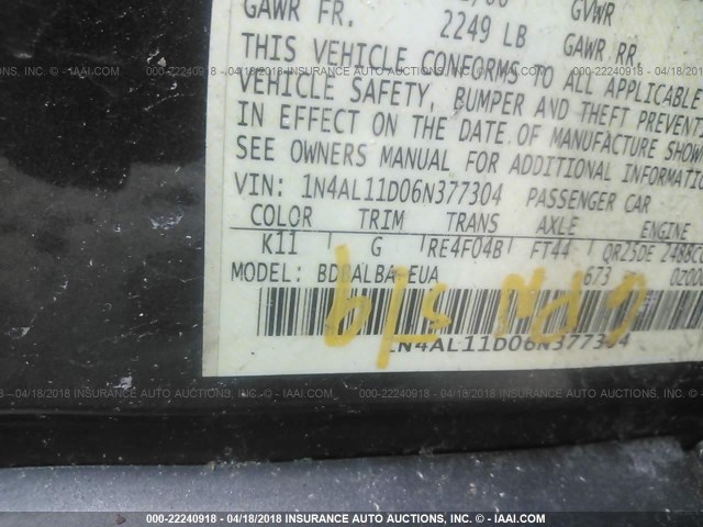 1N4AL11D06N377304 - 2006 NISSAN ALTIMA S/SL رمادي صورة 9