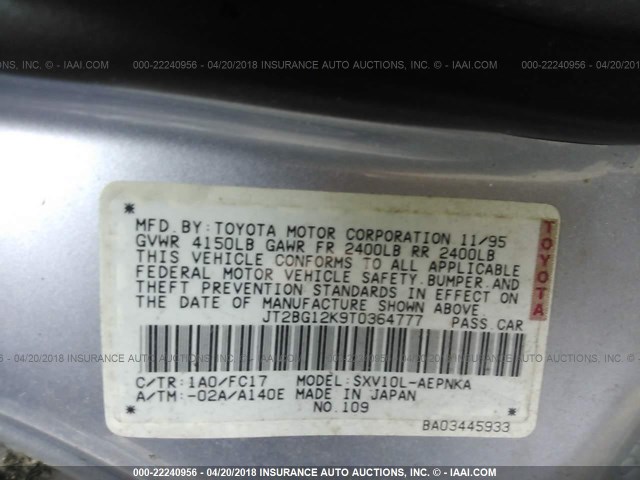 JT2BG12K9T0364777 - 1996 TOYOTA CAMRY DX/LE/XLE BLUE photo 9