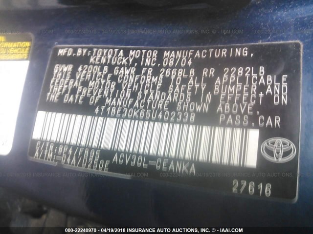 4T1BE30K65U402338 - 2005 TOYOTA CAMRY LE/XLE/SE ლურჯი ფოტო 9