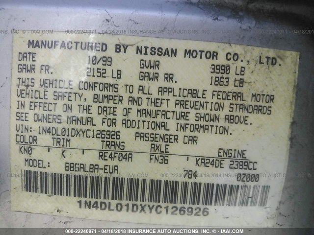 1N4DL01DXYC126926 - 2000 NISSAN ALTIMA XE/GXE/SE/GLE SILVER photo 9