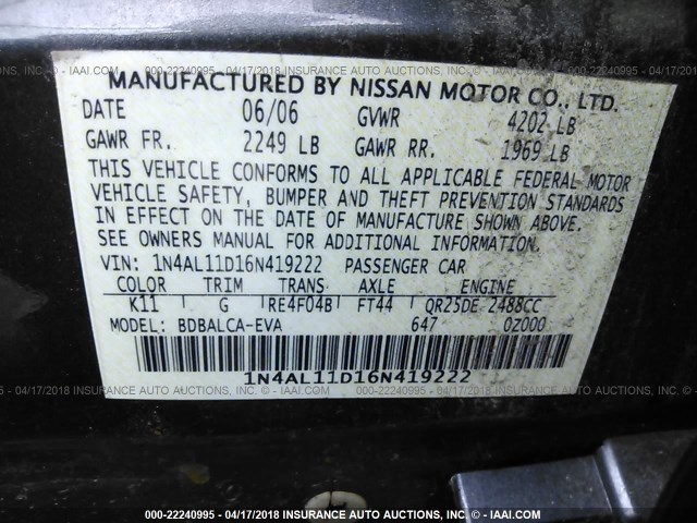 1N4AL11D16N419222 - 2006 NISSAN ALTIMA S/SL GRAY photo 9