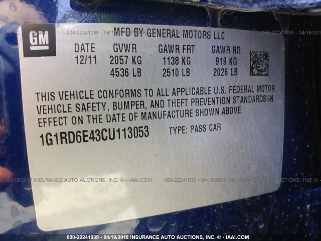 1G1RD6E43CU113053 - 2012 CHEVROLET VOLT BLUE photo 9