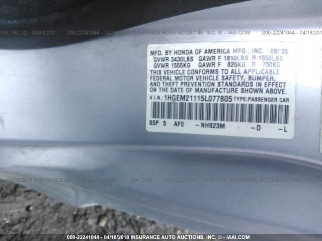 1HGEM21115L077805 - 2005 HONDA CIVIC DX VP SILVER photo 9