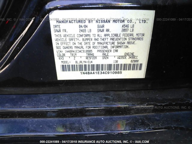 1N4BA41E34C910985 - 2004 NISSAN MAXIMA SE/SL BLACK photo 9