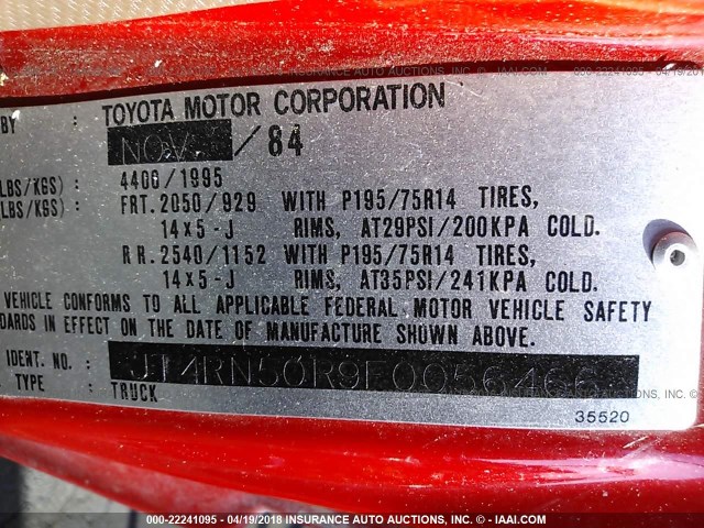 JT4RN50R9F0056466 - 1985 TOYOTA PICKUP 1/2 TON RN50 RED photo 9