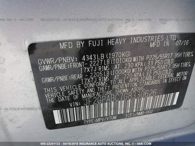 JF2GPABC7G8330626 - 2016 SUBARU CROSSTREK PREMIUM 银色 照片 9