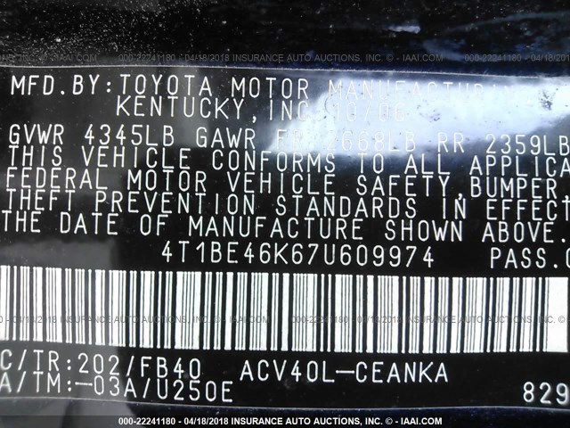 4T1BE46K67U609974 - 2007 TOYOTA CAMRY NEW GENERAT CE/LE/XLE/SE BLACK photo 9