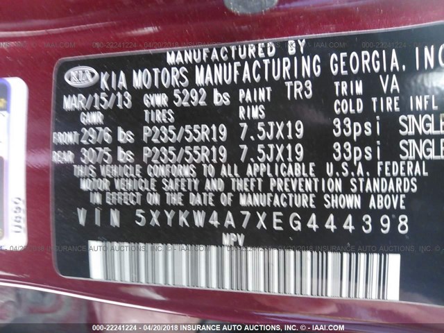 5XYKW4A7XEG444398 - 2014 KIA SORENTO SX/SX LIMITED RED photo 9