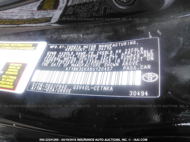 4T1BK3EKXBU120457 - 2011 TOYOTA CAMRY SE/LE/XLE 黑色 照片 9