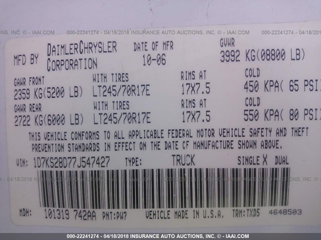 1D7KS28D77J547427 - 2007 DODGE RAM 2500 ST/SLT თეთრი ფოტო 9