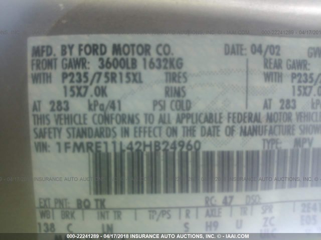 1FMRE11L42HB24960 - 2002 FORD ECONOLINE E150 WAGON GOLD photo 9