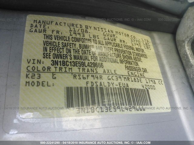 3N1BC13E59L429666 - 2009 NISSAN VERSA S/SL SILVER photo 9