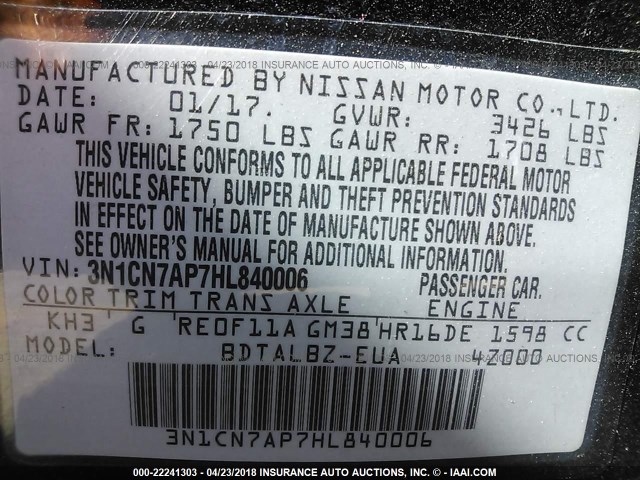 3N1CN7AP7HL840006 - 2017 NISSAN VERSA S/S PLUS/SV/SL BLACK photo 9