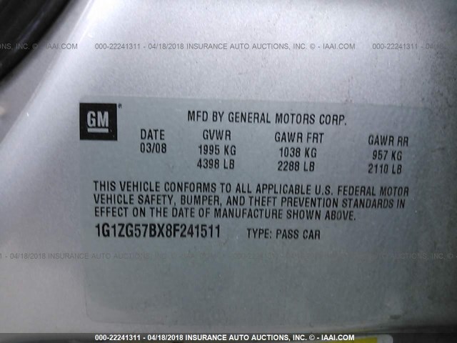 1G1ZG57BX8F241511 - 2008 CHEVROLET MALIBU LS 灰色 照片 9