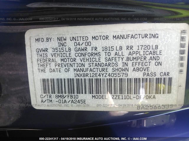 1NXBR12E4YZ405579 - 2000 TOYOTA COROLLA VE/CE/LE 蓝色 照片 9