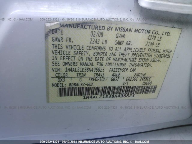 1N4AL21E38N496823 - 2008 NISSAN ALTIMA 2.5/2.5S WHITE photo 9