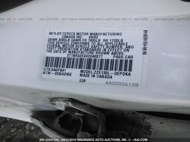 2T1BR32E43C048877 - 2003 TOYOTA COROLLA CE/LE/S WHITE photo 9