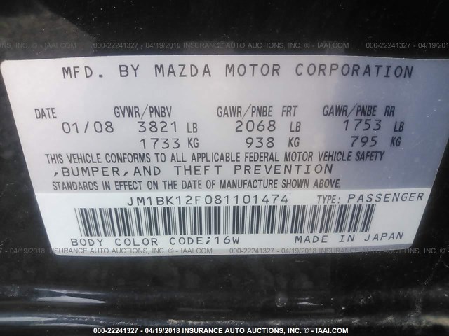 JM1BK12F081101474 - 2008 MAZDA 3 I BLACK photo 9