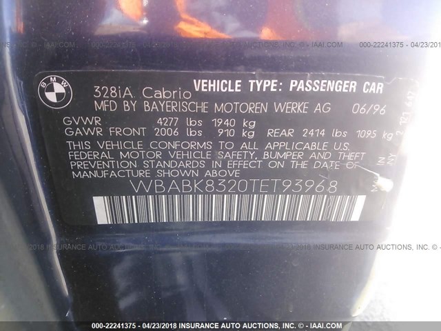 WBABK8320TET93968 - 1996 BMW 328 IC AUTOMATIC BLUE photo 9