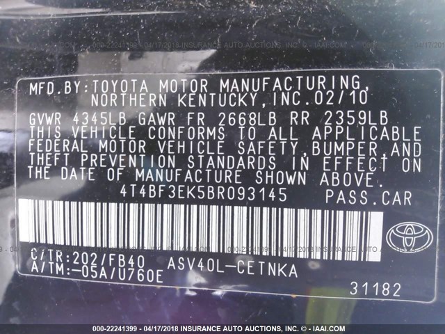 4T4BF3EK5BR093145 - 2011 TOYOTA CAMRY SE/LE/XLE 黑色 照片 9