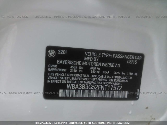 WBA3B3G52FNT17572 - 2015 BMW 328 XI WHITE photo 9