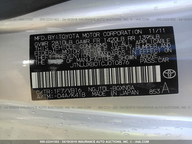 JTNJJXB01CJ010876 - 2012 TOYOTA SCION IQ SILVER photo 9