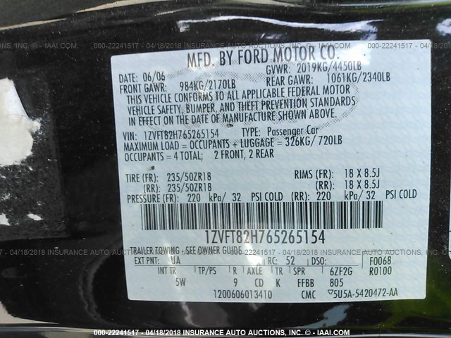 1ZVFT82H765265154 - 2006 FORD MUSTANG GT BLACK photo 9