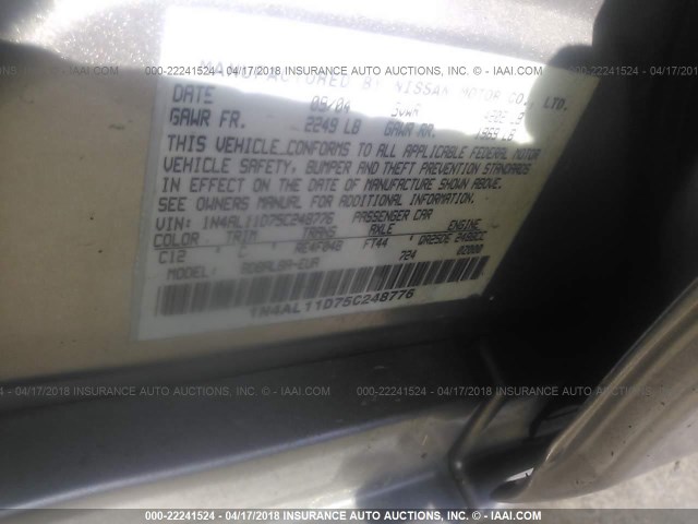 1N4AL11D75C248776 - 2005 NISSAN ALTIMA S/SL GOLD photo 9