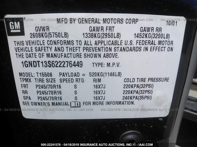 1GNDT13S622276449 - 2002 CHEVROLET TRAILBLAZER  BLUE photo 9