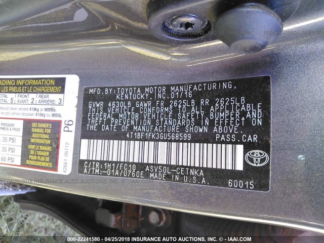 4T1BF1FK3GU568599 - 2016 TOYOTA CAMRY LE/XLE/SE/XSE GRAY photo 9