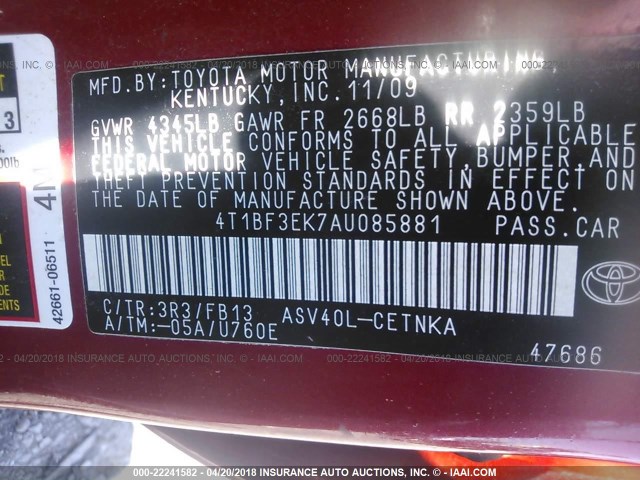 4T1BF3EK7AU085881 - 2010 TOYOTA CAMRY SE/LE/XLE RED photo 9